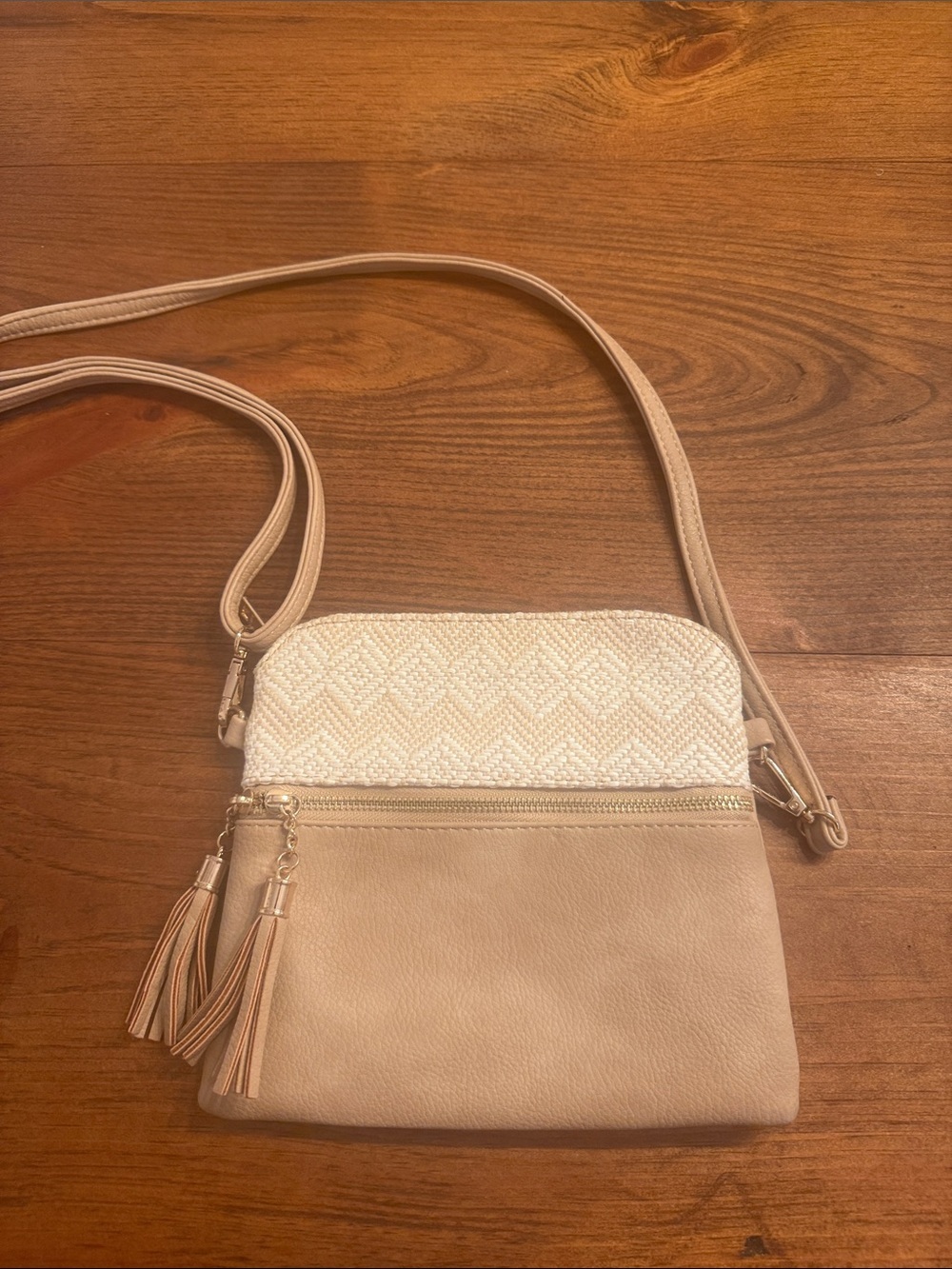 Beige Crossbody Bag with Woven Cream Accent and Tassel